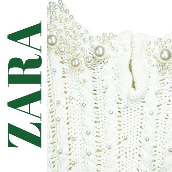 NWT ZARA WHITE ECRU CABLE KNIT FAUX PEARL SLEEVELESS SWEATER, LARGE - Picture 14 of 16